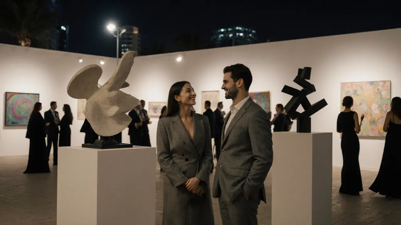 A couple engaging in thoughtful conversation at an art gallery opening in Abu Dhabi.
