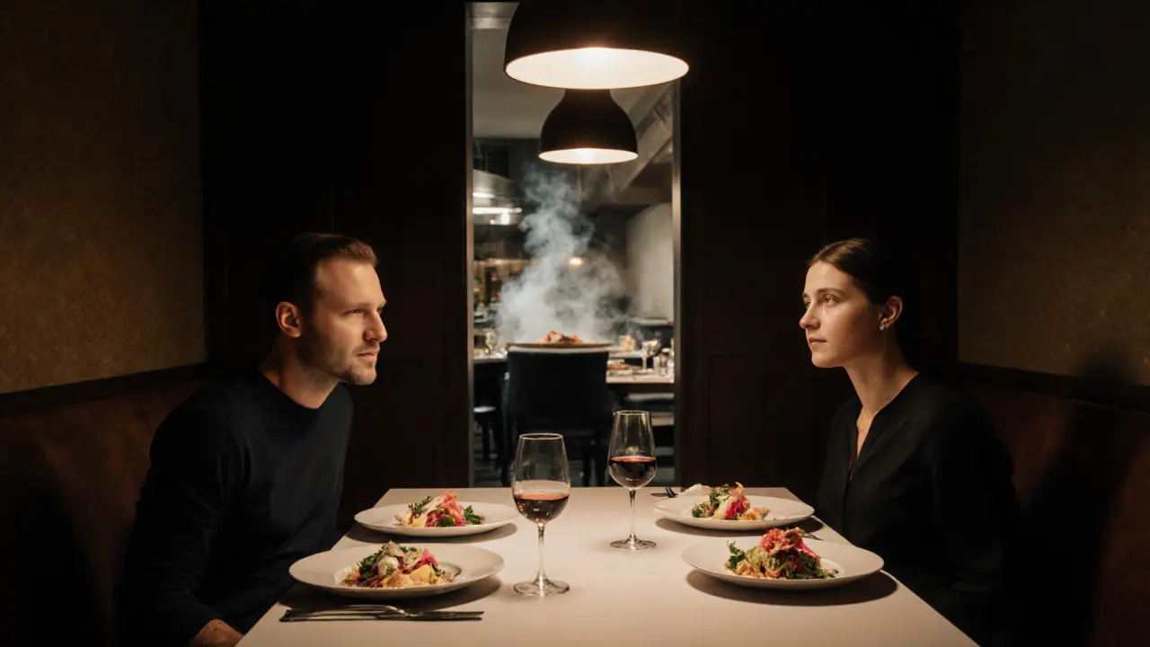 A couple enjoying a gourmet nine-course dinner in a Michelin-starred restaurant with precise plating.