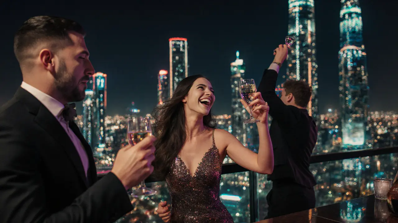 A couple laughing at a vibrant Dubai rooftop bar under city lights.