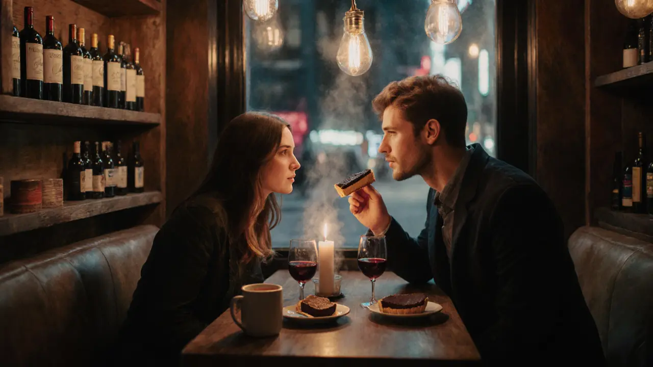 A couple sharing chocolate tart at a cozy candlelit dessert bar with wine and soft lighting.