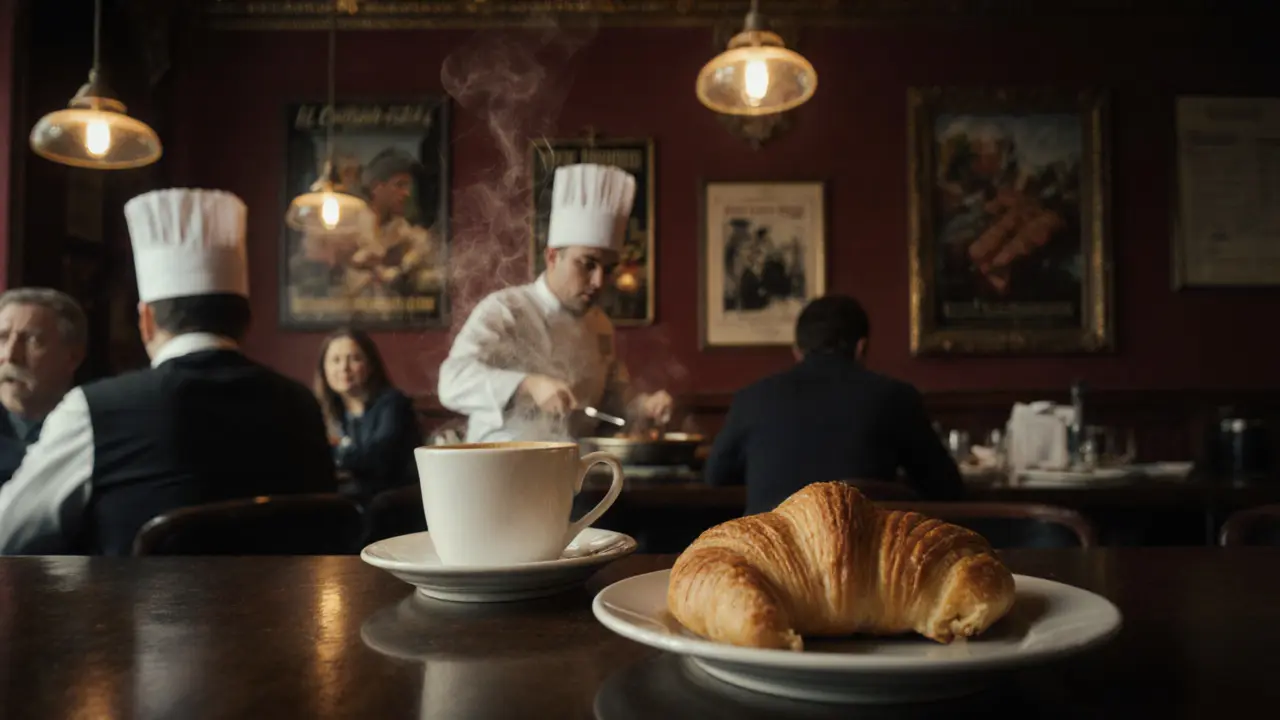 A cozy Parisian bistro bar with chefs preparing duck confit, patrons enjoying quiet moments over coffee.