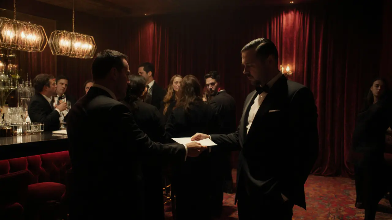 A discreet concierge handing an envelope in a private Dubai members&#039; club.