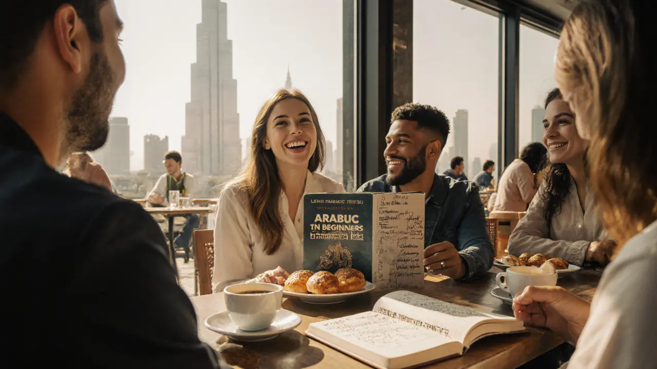 A group of expats enjoying a sunny brunch in Dubai, sharing conversation and learning Arabic together.