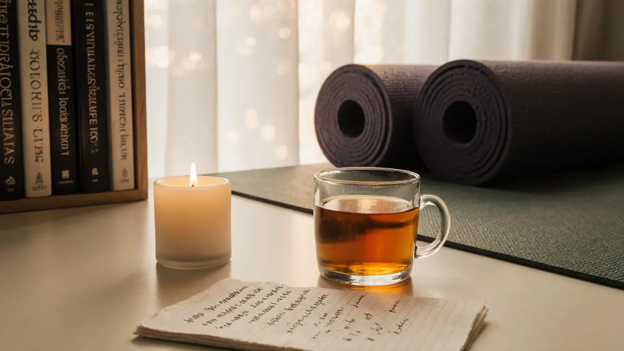 A handwritten note and tea beside a candle in a serene Dubai morning setting.