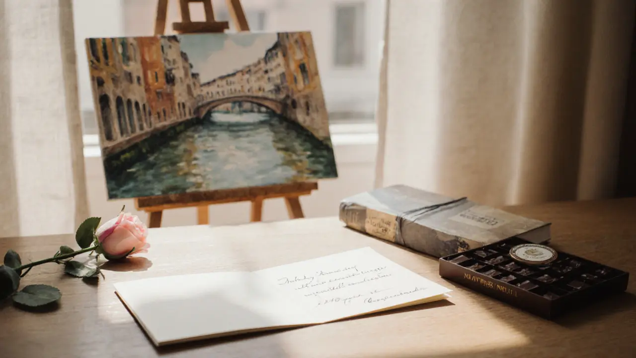 A handwritten note with a sketch of a book and window beside a rose and chocolate, hinting at a quiet, personal farewell.