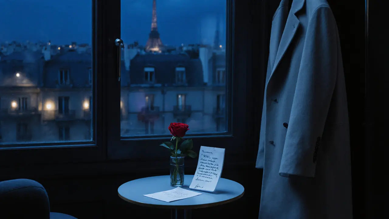 A handwritten thank-you note and rose left on a hotel lounge table in Paris.