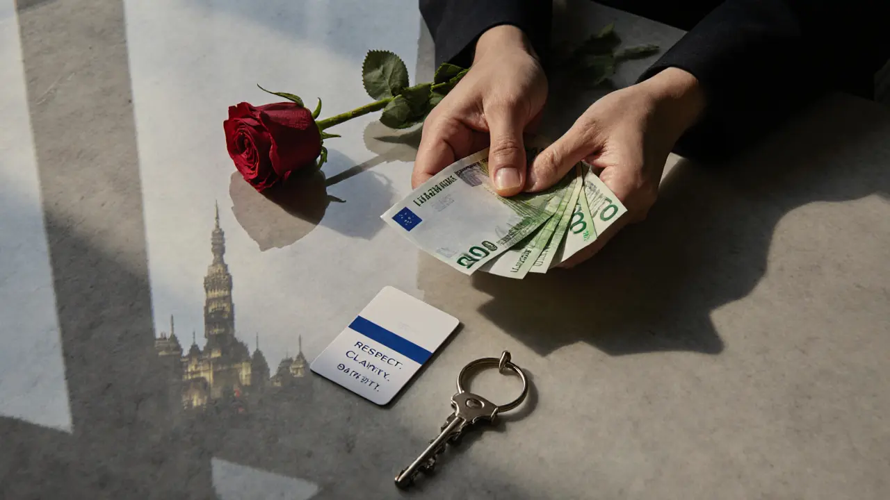 A hotel keycard and cash lie beside a rose on marble, reflecting Berlin landmarks with a message of safety.