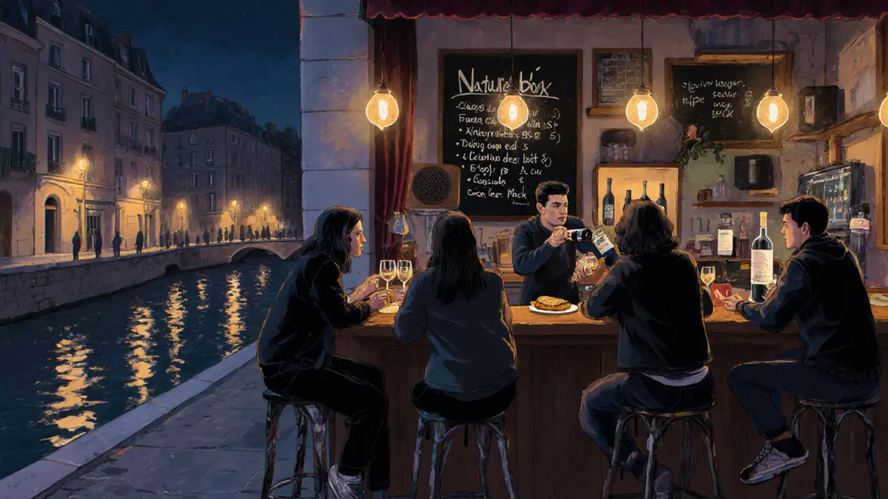 A local bar at 2 a.m. with people sharing food and wine, chalkboard wines, and a quiet neighborhood vibe.