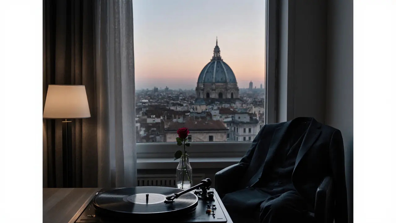 A luxurious Milan apartment at twilight with ambient lighting, a record player, and a tailored suit on a chair.
