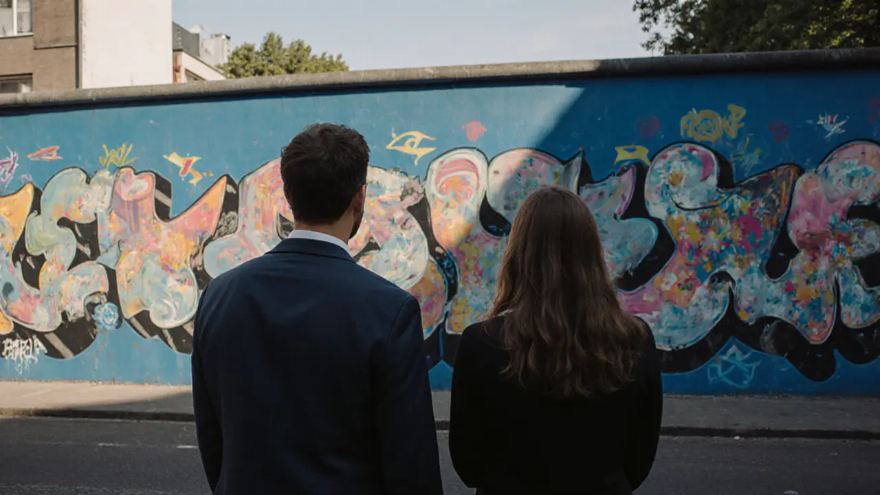 A man and woman standing before the East Side Gallery, reflecting quietly under morning light.