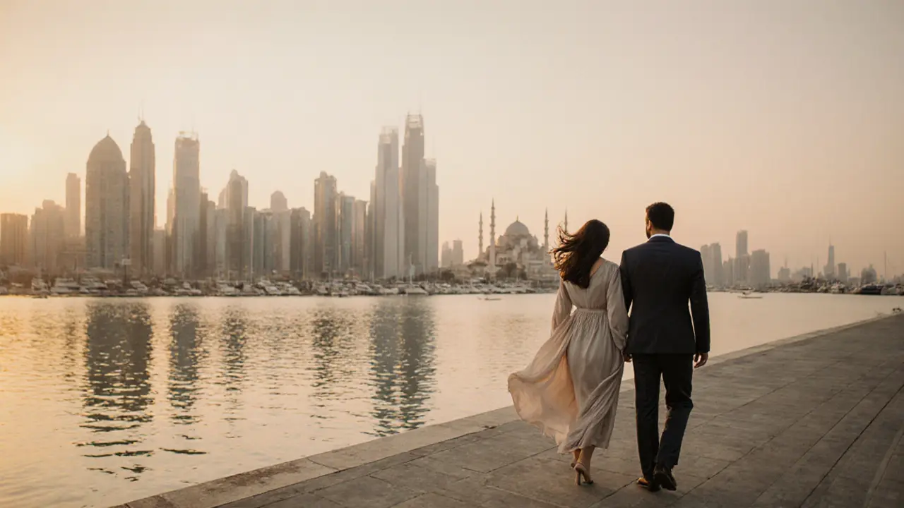 A man and woman walking peacefully along Dubai Marina at dusk, respecting cultural boundaries.