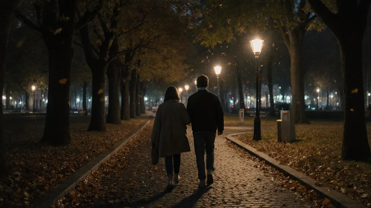 A man and woman walking peacefully through Tiergarten Park at dusk, autumn leaves falling around them.