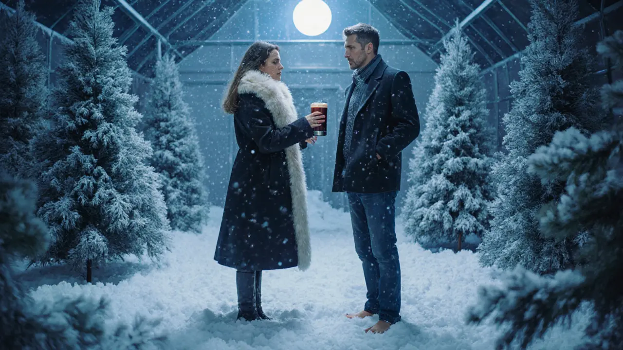 A man in a winter greenhouse filled with artificial snow, being offered mulled wine by a woman in a fur coat.