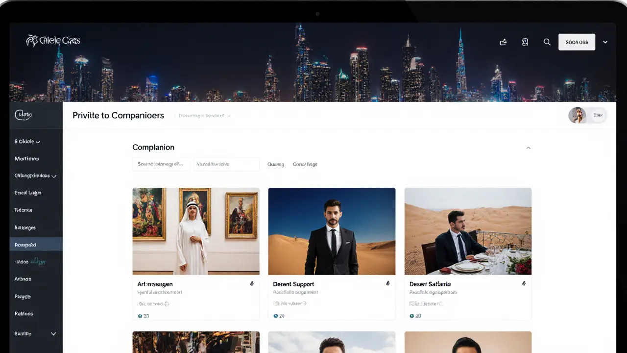 A private online profile page showing companions at cultural events in Dubai, using discreet terminology.