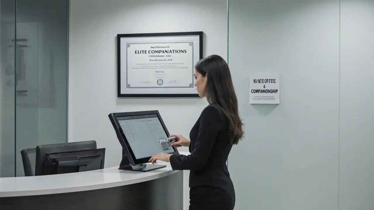 A professional agency office in Abu Dhabi verifying client identity with secure documentation.