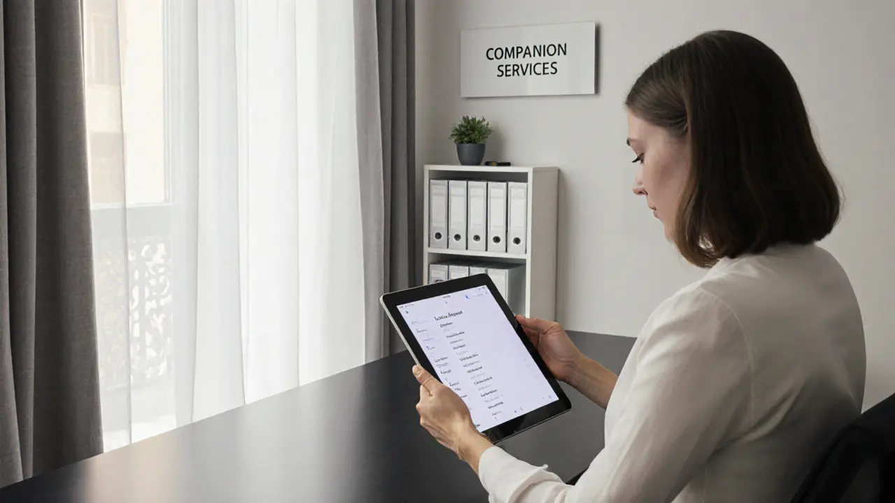 A professional agency office in Milan with a woman reviewing a client profile on a tablet, minimalist decor, organized files.