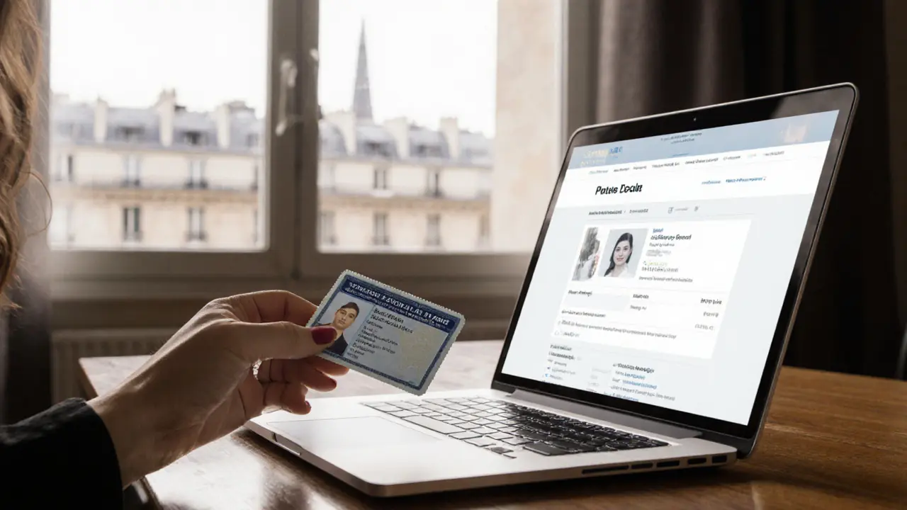 A professional escort&#039;s ID placed on a desk beside a verified agency profile, daylight streaming in.