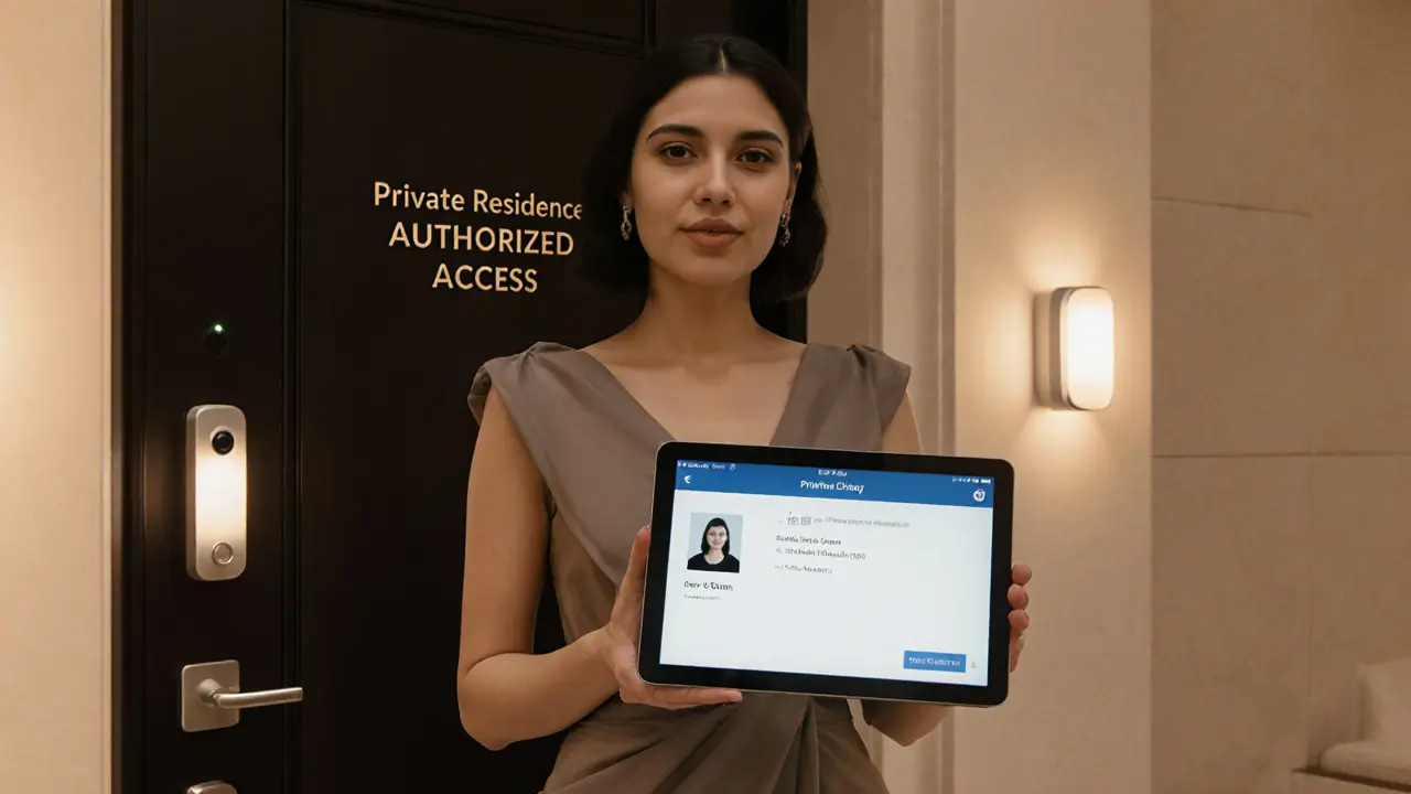 A professional escort in a private residence lobby, verifying client details on a tablet under soft lighting.