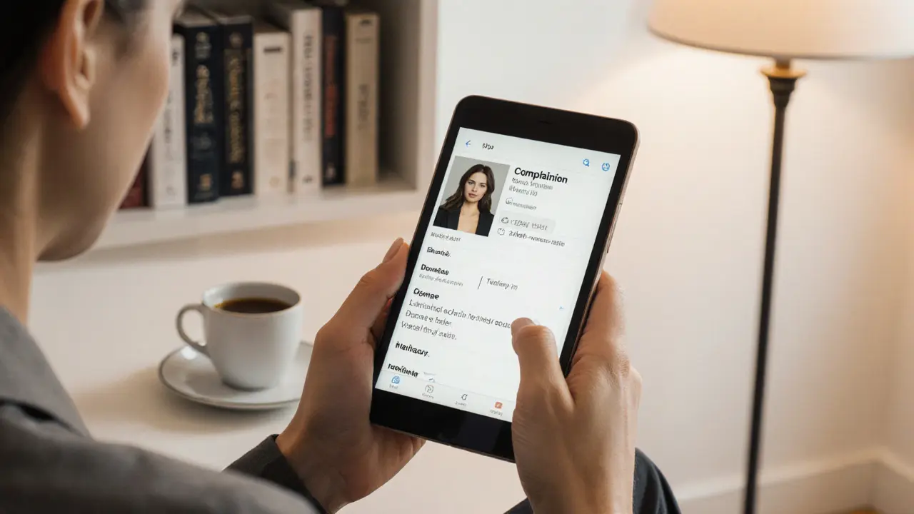 A professional woman reviewing a text-based companion profile on a tablet, surrounded by books and soft lighting.