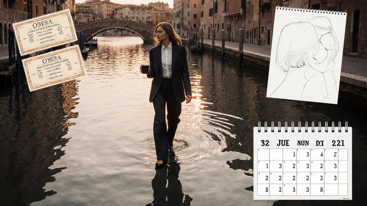 A professional woman walks along Navigli canals at twilight, her reflection blending with symbols of cultural and social experiences.