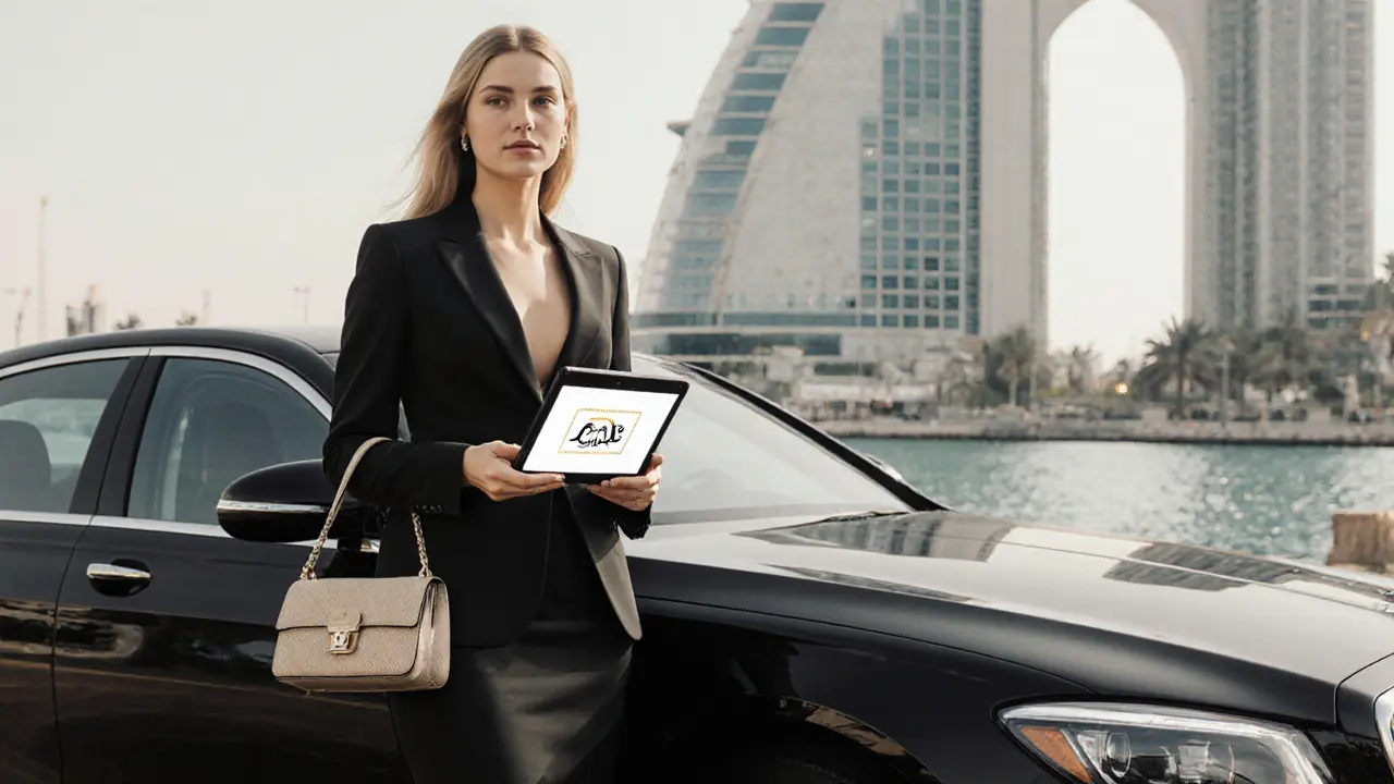 A professionally dressed woman standing beside a luxury car in Dubai Marina.