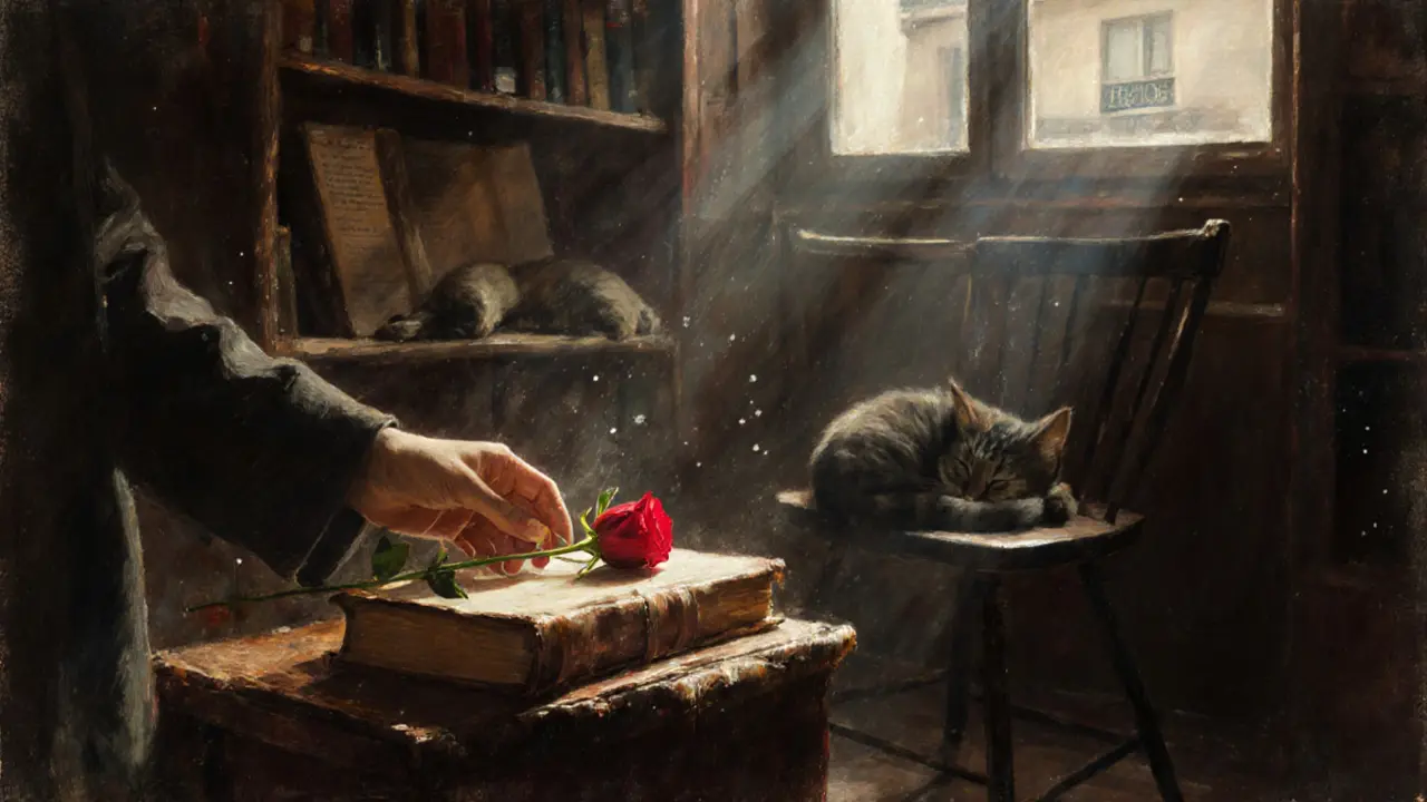 A red rose rests on an open book in a quiet bookstore, with sunlight and a sleeping cat nearby.