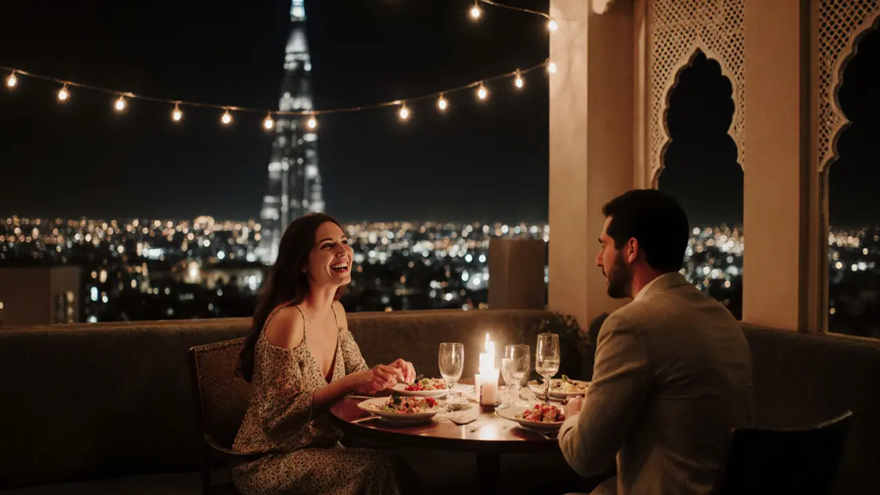 A refined rooftop dinner at La Petite Maison with candlelight and city lights creating an intimate atmosphere.