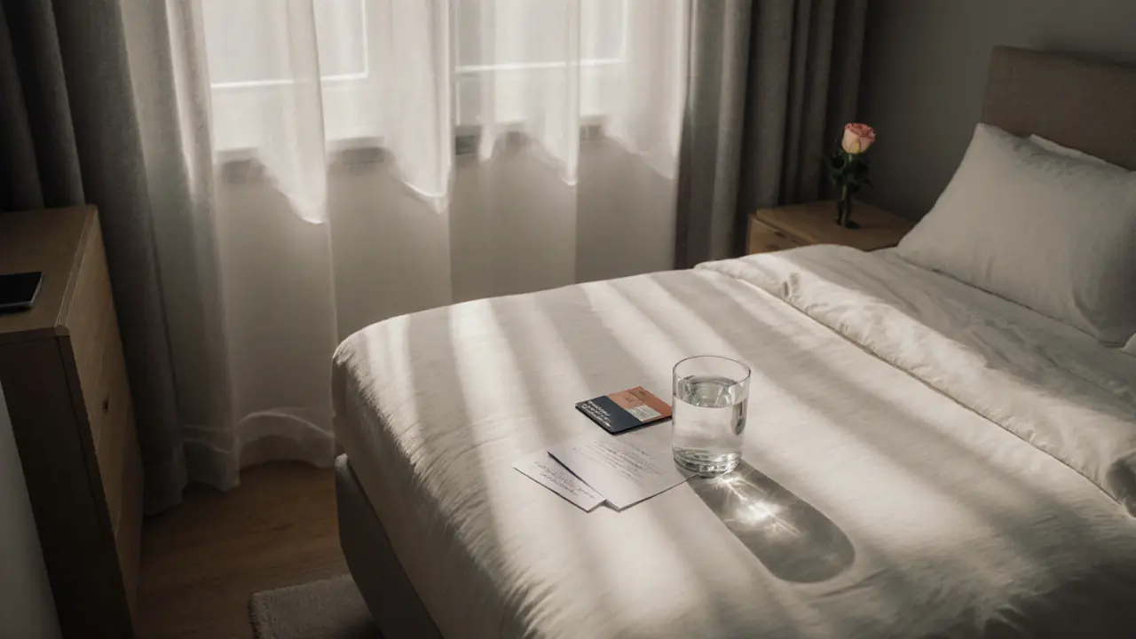 A registered escort's ID and booking confirmation on a side table in a clean Berlin apartment, morning light streaming in.