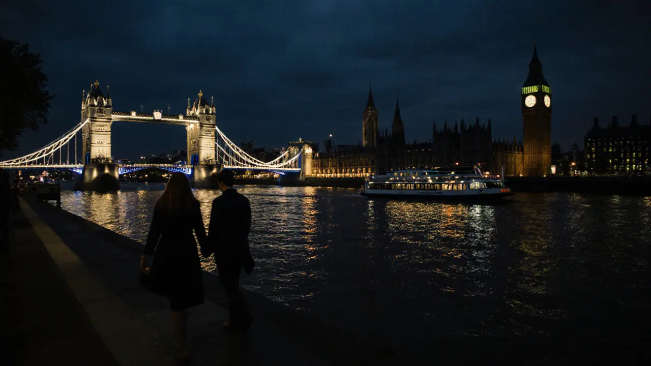 A romantic walk along the Thames at night, with Tower Bridge glowing and reflections on the water.
