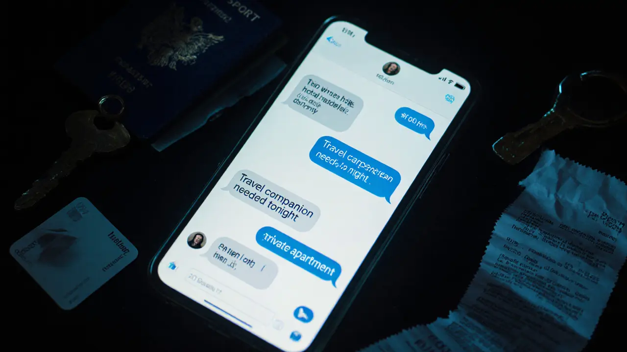 A smartphone showing encrypted messages about escort services, beside a passport and hotel keycard in the dark.