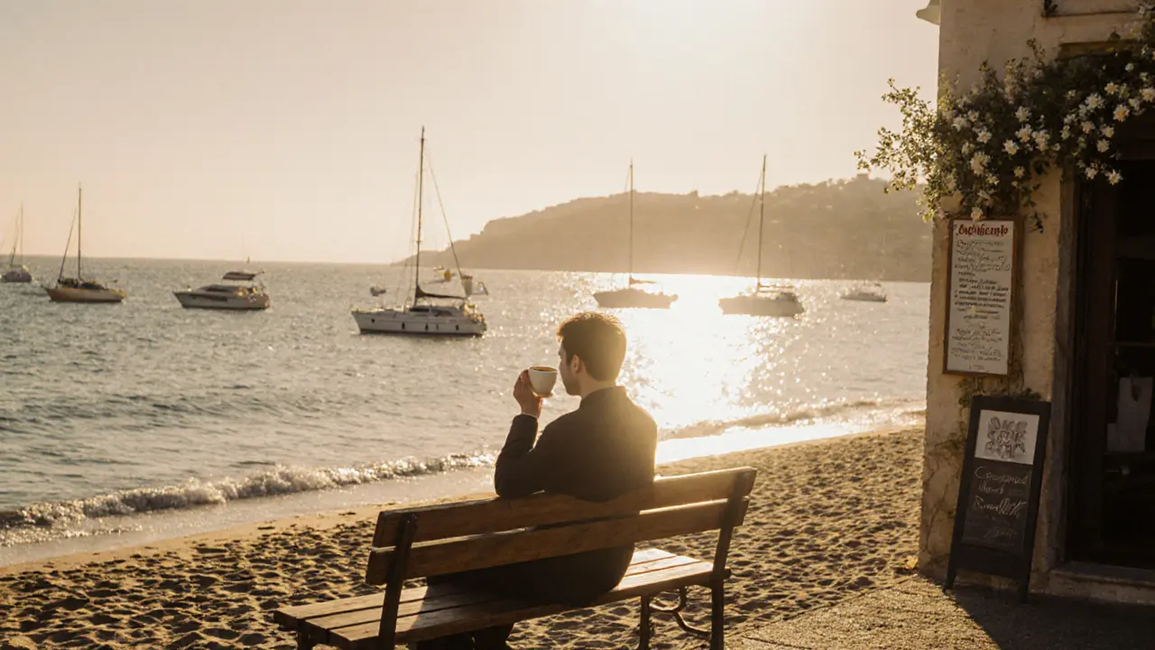 A solitary person enjoying sunrise coffee on a beach bench with golden waves and yachts in the distance.