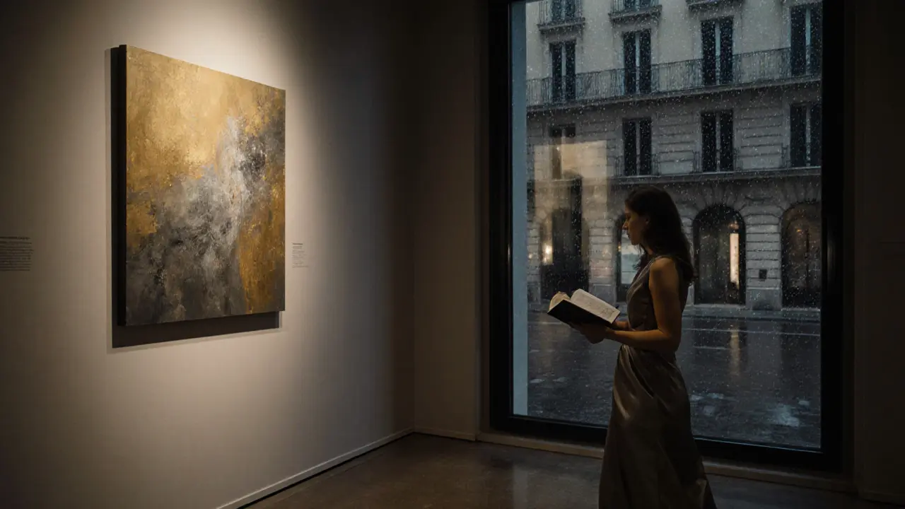 A sophisticated woman stands alone in a gallery, holding a classic book, with rain-streaked windows behind her.