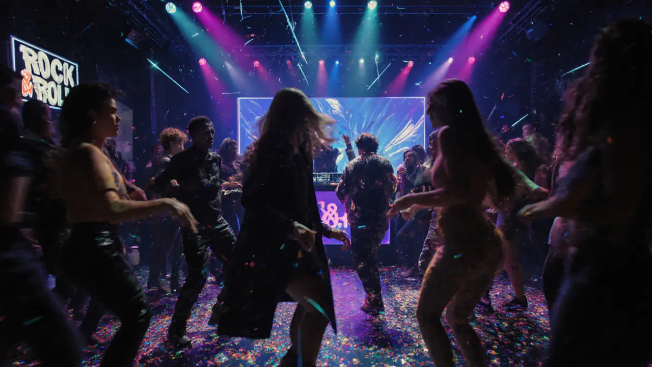 A vibrant nightclub dance floor with energetic crowds and neon lighting under a pulsing DJ booth.