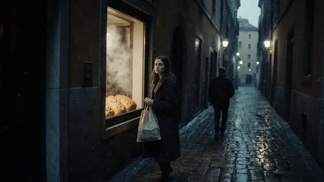 A woman holding fresh focaccia outside a hidden Brera bakery at dawn, steam rising as morning light touches the wet cobblestones.