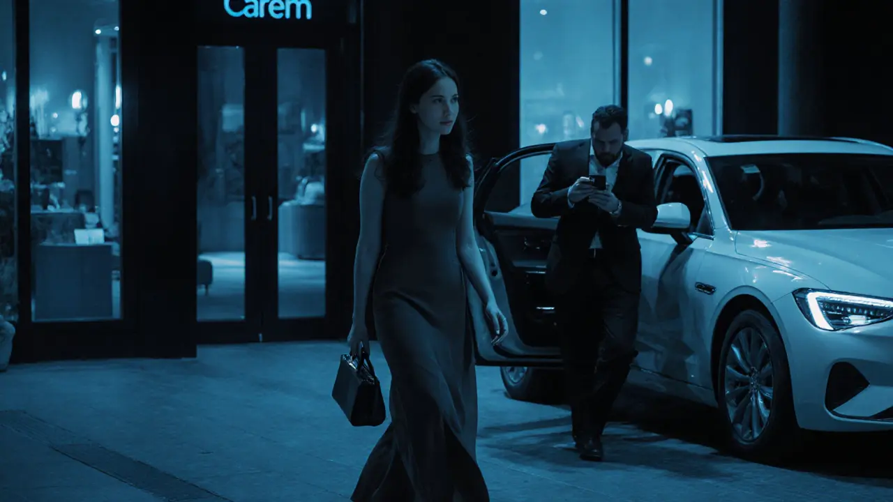 A woman leaving a discreet venue on Al Maryah Island at night, stepping into a waiting ride-share car.