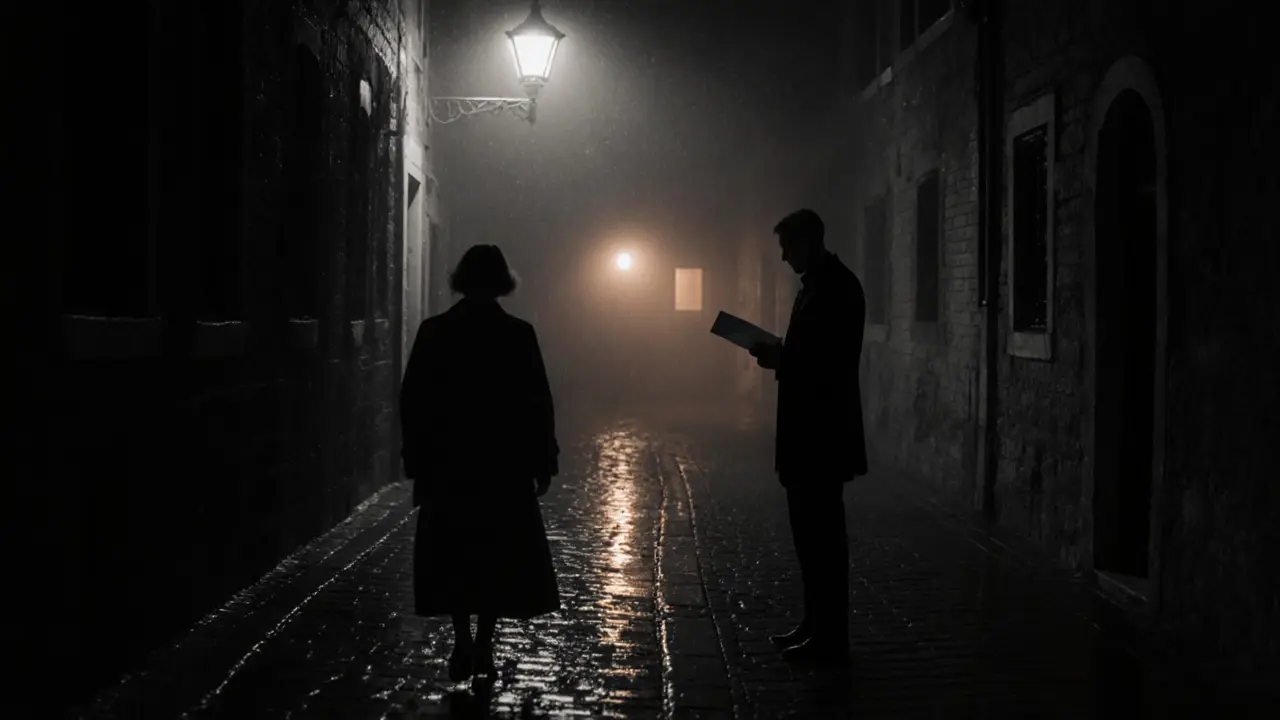 A woman walking away in a rainy Milan alley at night, a man holding an envelope under a streetlamp.