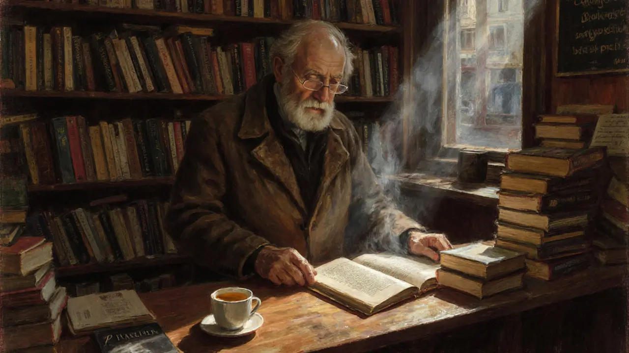 An elderly man in a wool coat beside shelves of rare German poetry books in a tiny bookstore.