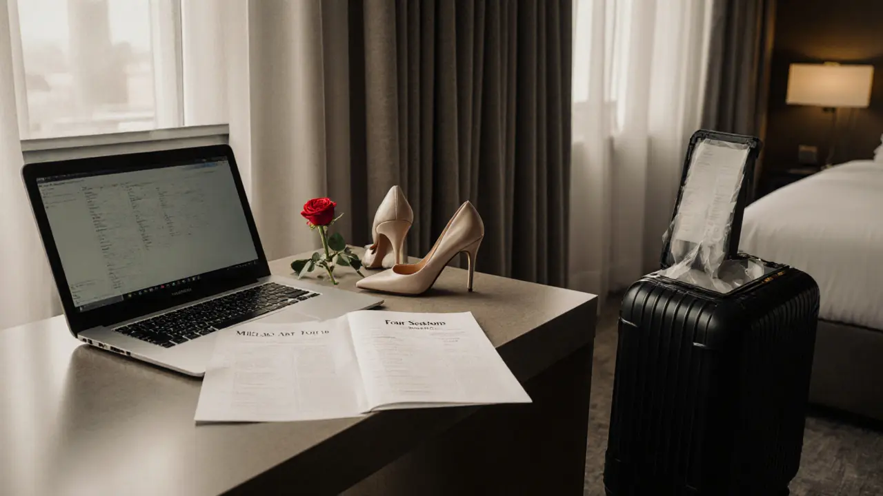 An empty luxury hotel suite in Milan with a curated art tour itinerary, rose, and personal items suggesting a recent departure.