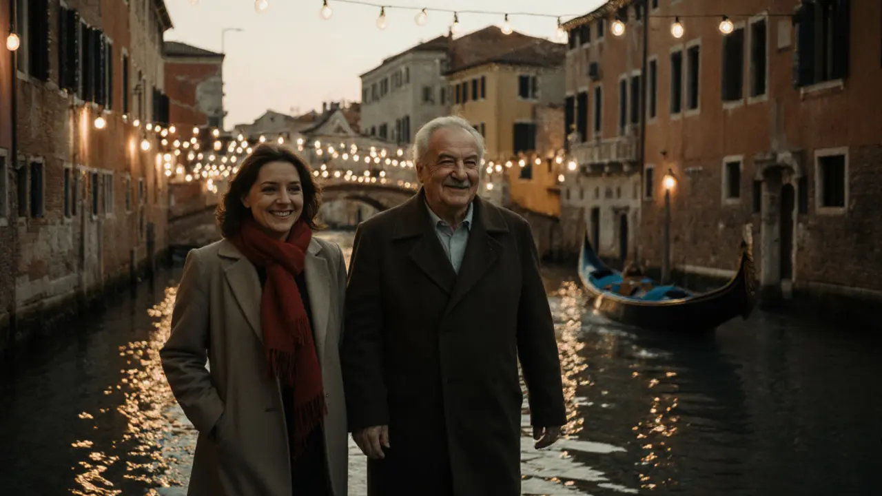 An older man and woman walking peacefully along the Navigli canal at twilight, soft reflections on water, no touch.