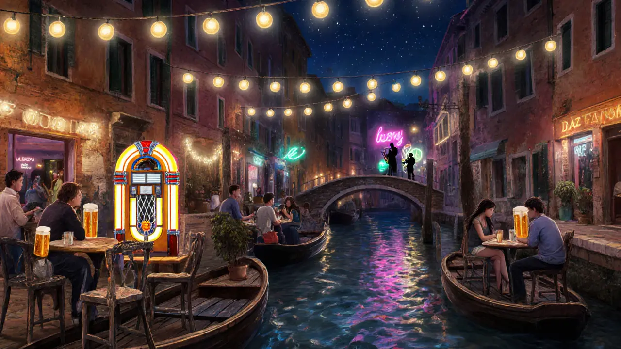Canal-side bars in Navigli at night with boats, string lights, and a jazz musician playing softly in the distance.