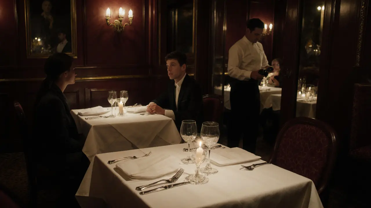 Classic French restaurant with candlelit table, fine silverware, and intimate seating under soft light.