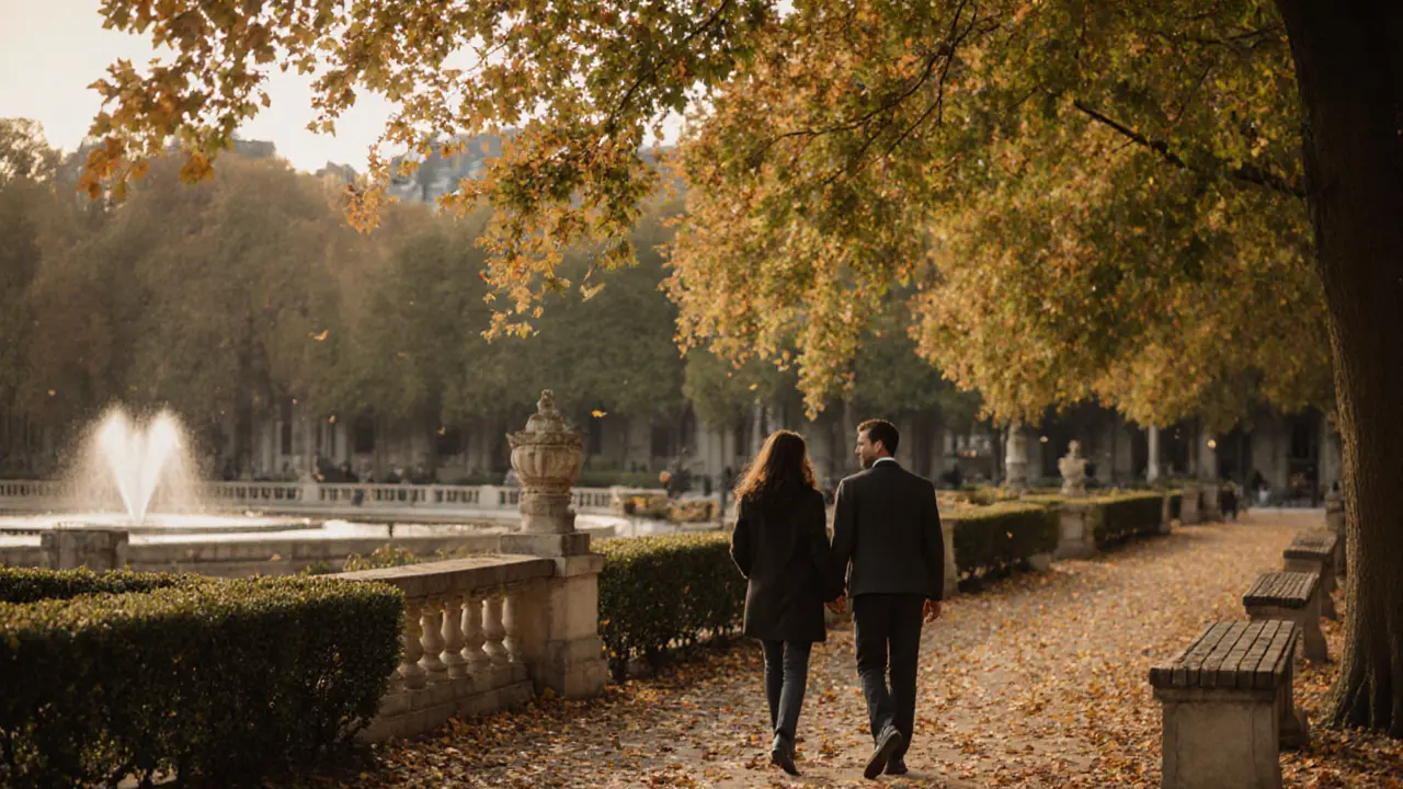 Couple strolling peacefully through Luxembourg Gardens in autumn