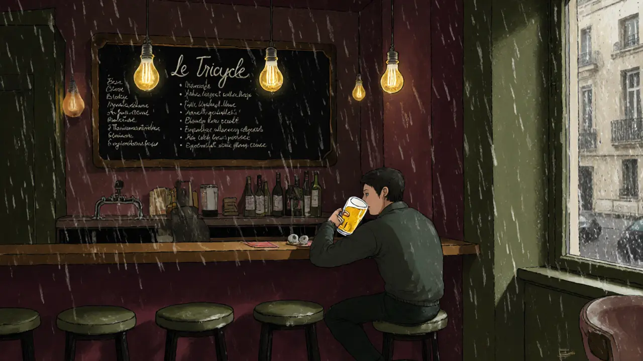 Cozy bar Le Tricycle with patron sipping hazy IPA under a single hanging bulb.