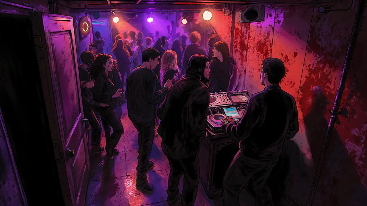 Crowd dancing in a hidden basement club with neon lights and no visible signage.