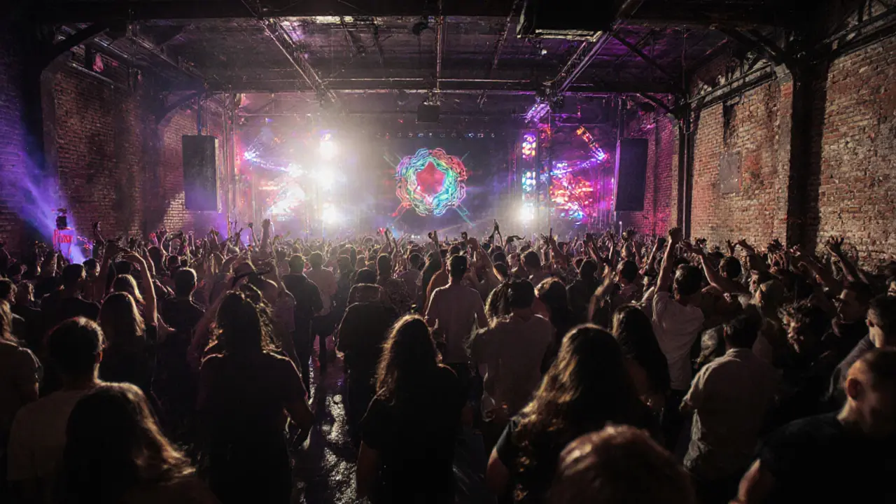 Crowd energized by techno music in an industrial warehouse club in Zone 2.