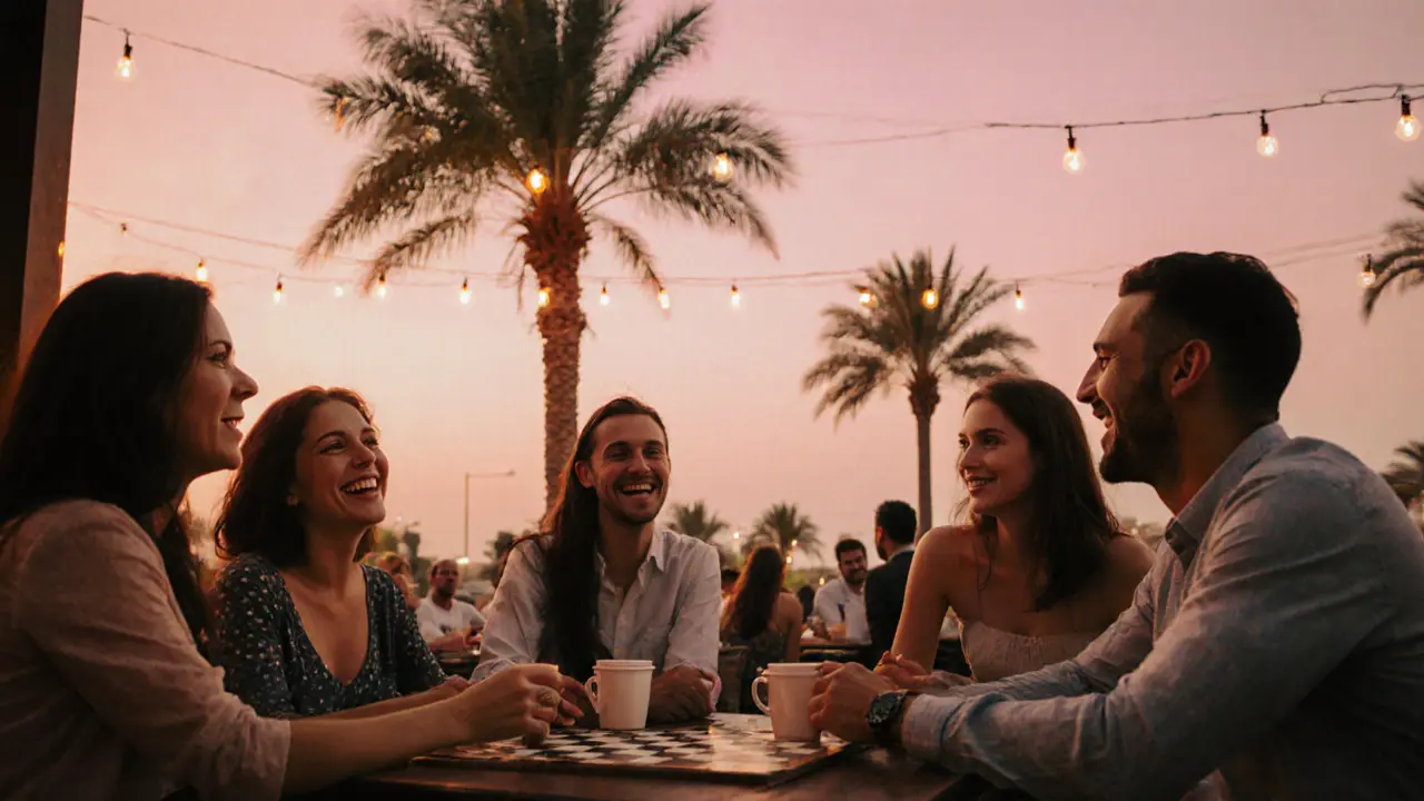 Diverse expats socializing at an outdoor café in Dubai at sunset, laughing and playing board games.