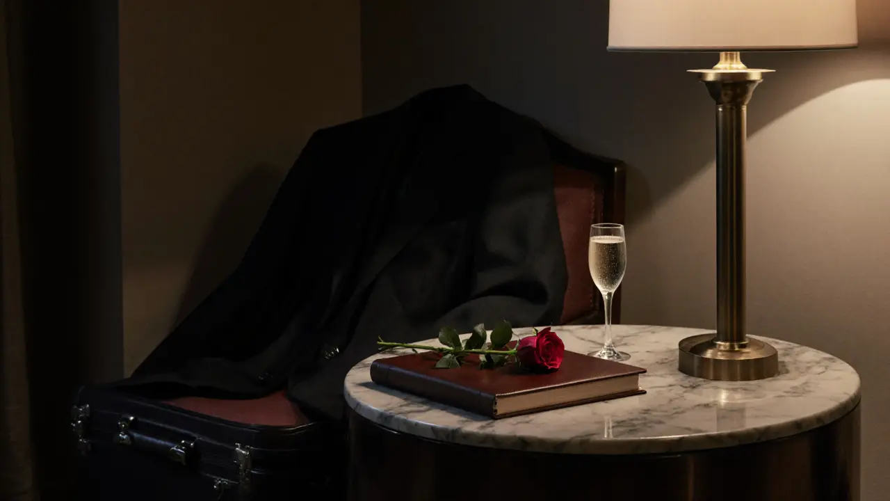 Elegant hotel suite in Paris with rose, journal, and champagne flute