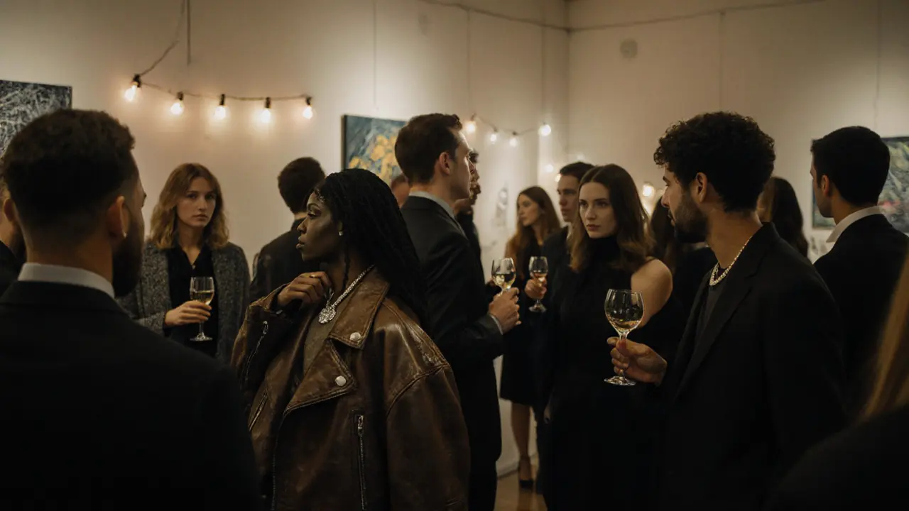 Fashion-forward individuals mingling at a gallery opening in Berlin, dressed in elegant, eclectic outfits under soft gallery lighting.