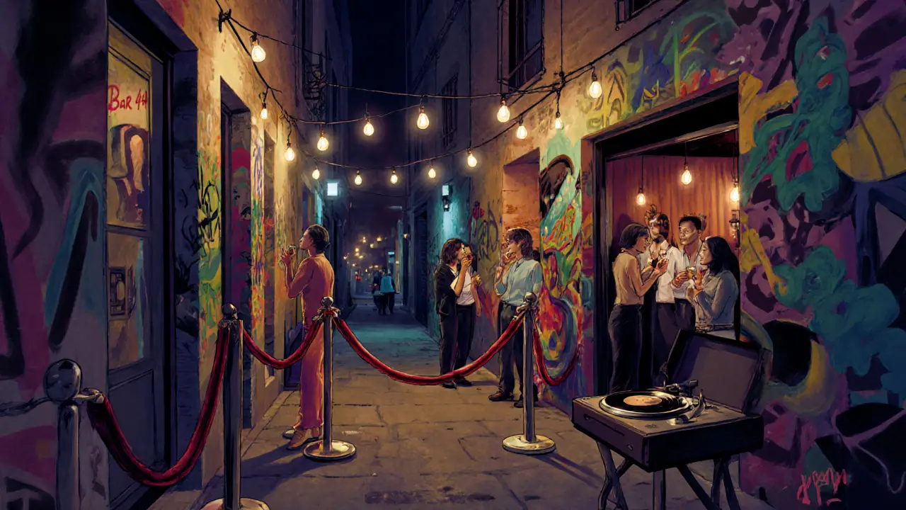 Hidden alley bar in Alserkal Avenue with vinyl records and craft cocktails under string lights.
