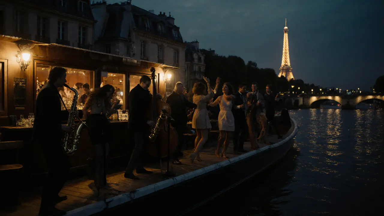 Jazz musicians performing on a floating barge on the Seine at midnight.